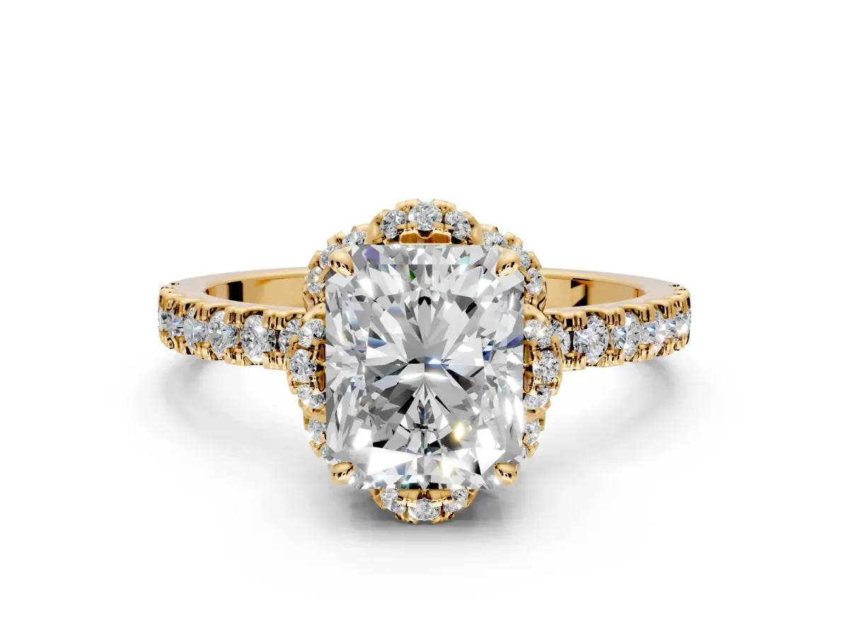 Halo Engagement Ring Setting for Radiant Cut Center with Openwork Halo, Pave Band and Prong Head in Yellow Gold