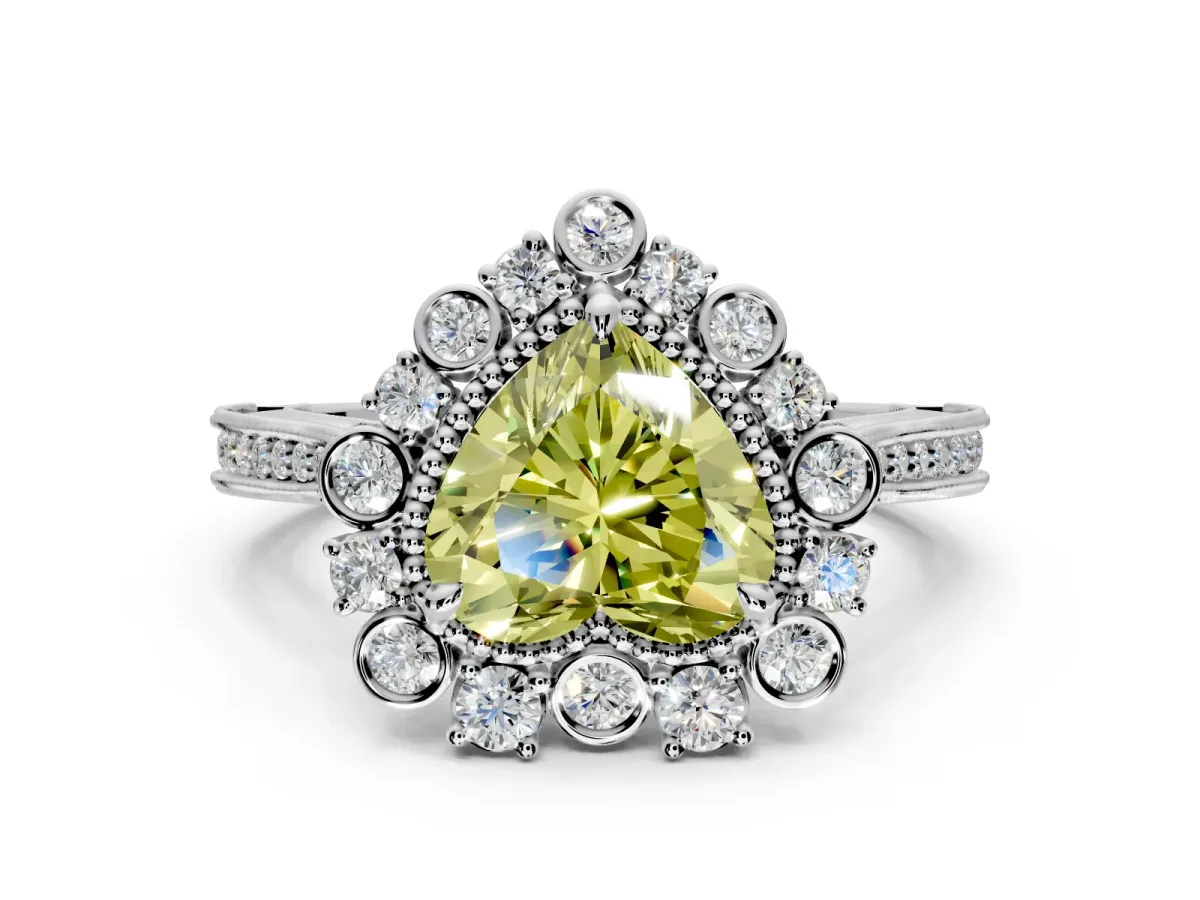Milgrain Halo Engagement Ring Setting for Fancy Yellow Heart-Shaped Center with Bezel Point Accents and Prong Head in White Gold