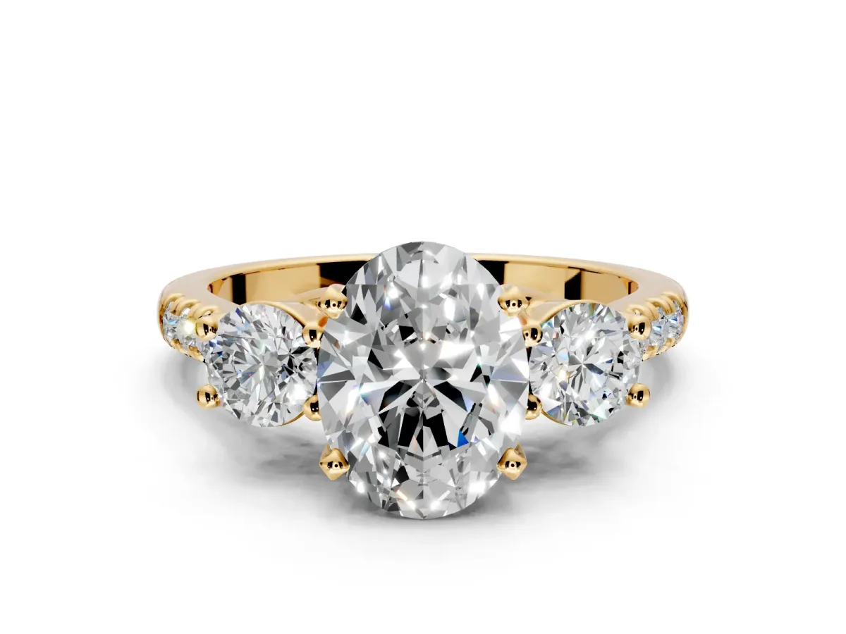 3 Stone Engagement Ring Setting for Oval Center with Crossover Basket, Pave Band and Prong Head in Yellow Gold