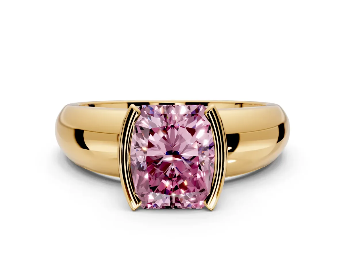 Tension Engagement Ring Setting for Fancy Pink Radiant Cut Center with Wide Flat Band and Tension Head in Yellow Gold