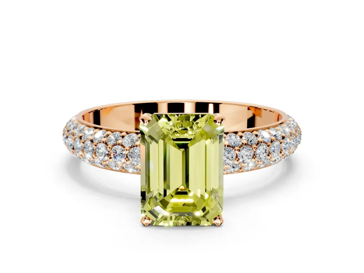Solitaire Engagement Ring Setting for Fancy Yellow Emerald Cut Center with Domed Multi-Row Pave Band and Prong Head in Rose Gold