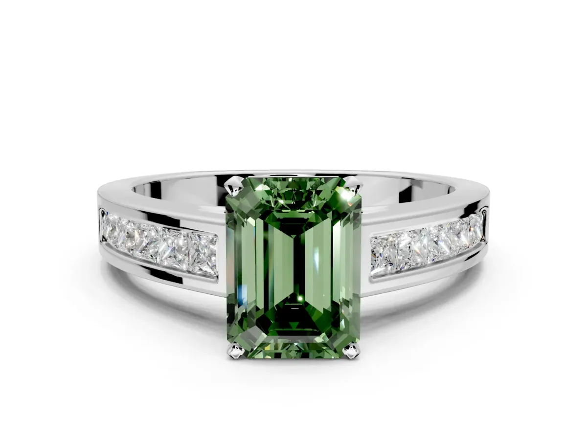 Solitaire Engagement Ring Setting for Fancy Green Emerald Cut Center with Princess Cut Channel Band and Prong Head in White Gold
