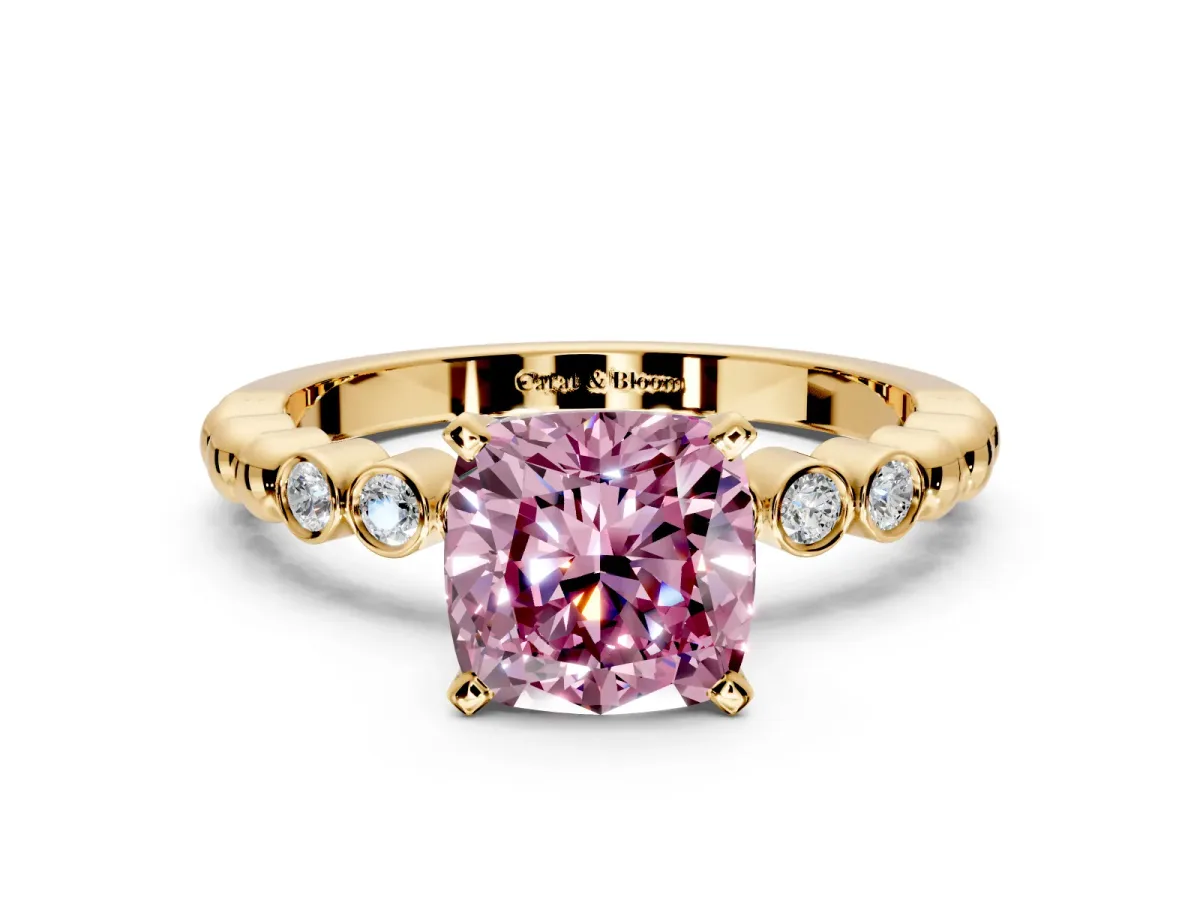 Solitaire Engagement Ring Setting for Fancy Pink Cushion Cut Center with Bezel-Dot Beaded Band and Prong Head in Yellow Gold