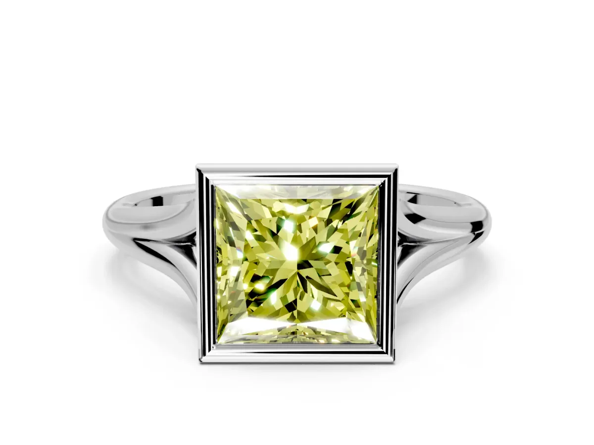 Solitaire Engagement Ring Setting for Fancy Yellow Princess Cut Center with V Split Shank and Bezel Head in Platinum