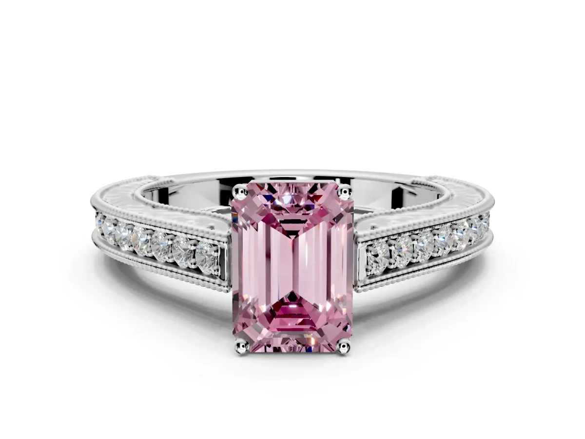 Solitaire Engagement Ring Setting for Fancy Pink Emerald Cut Center with Engraved Pave Band and Prong Head in Sterling Silver