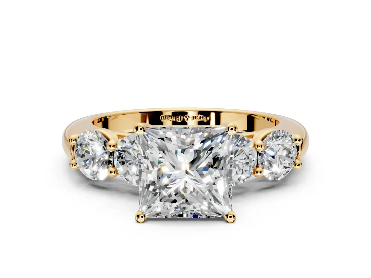 5 Stone Engagement Ring Setting for Princess Cut Center with Graduated Accents and Prong Head in Yellow Gold
