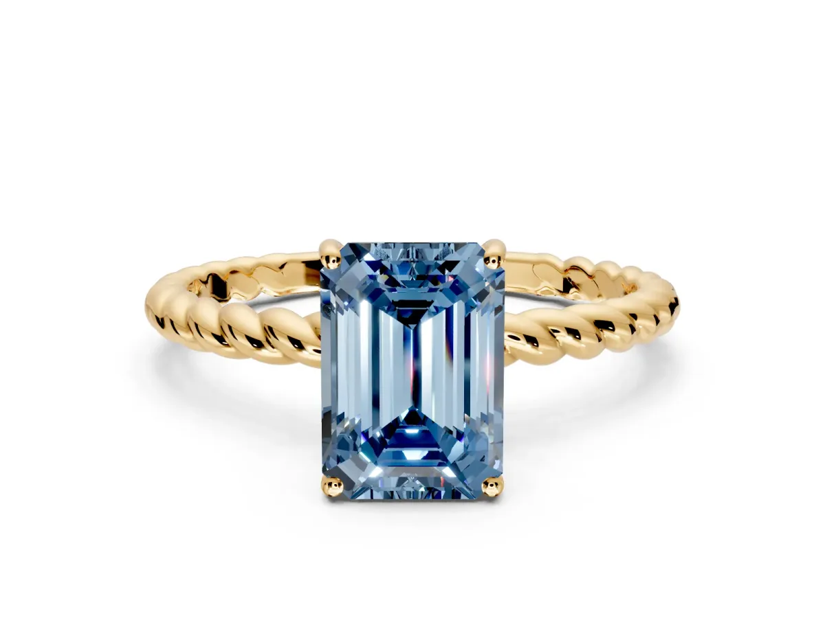 Solitaire Engagement Ring Setting for Fancy Blue Emerald Cut Center with Plain Twisted Rope Band and Prong Head in Yellow Gold