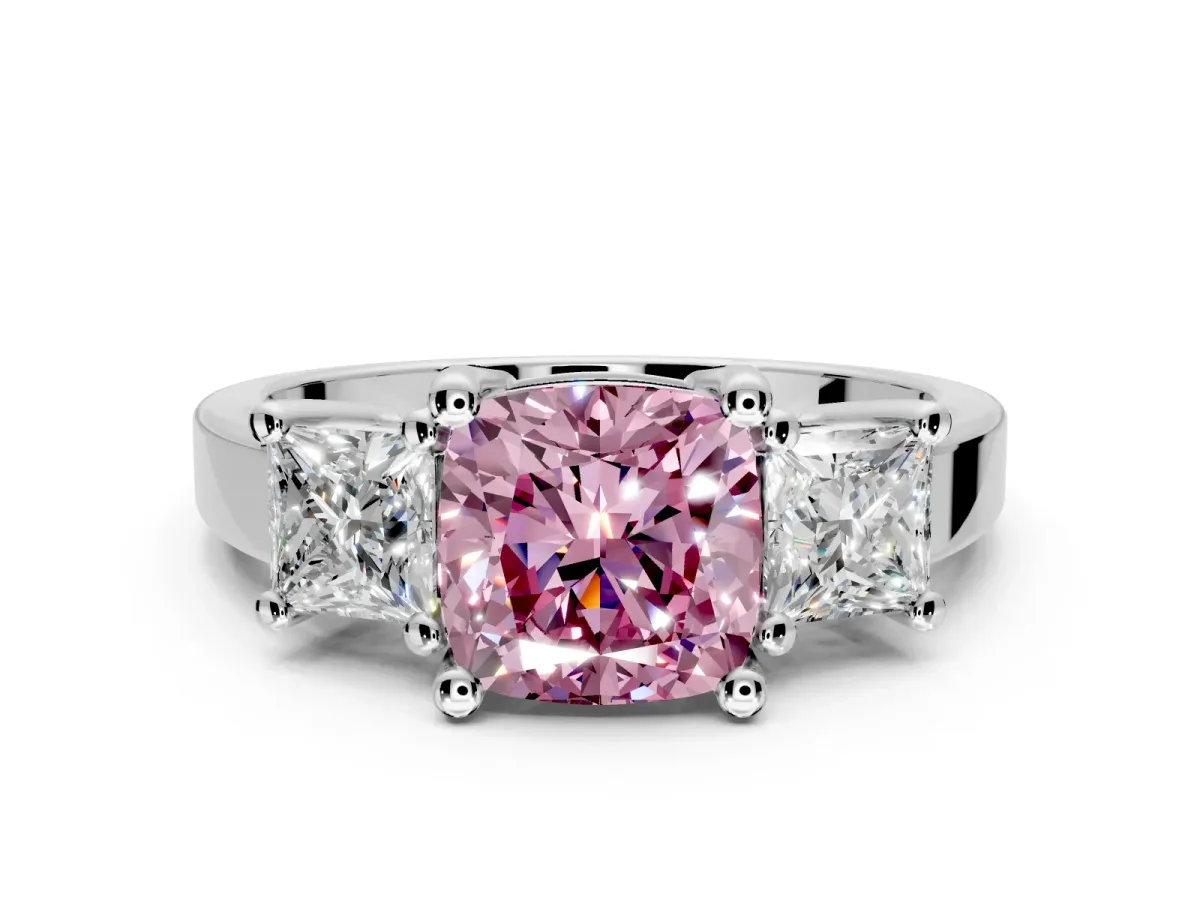 3 Stone Engagement Ring Setting for Fancy Pink Cushion Cut Center with Matching Side Accents and Prong Head in Platinum