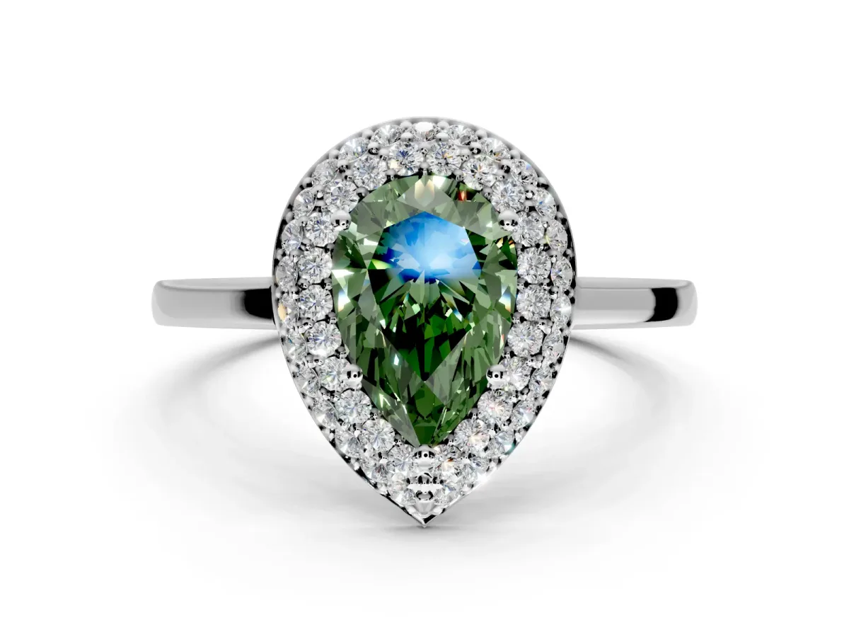 Halo Engagement Ring Setting for Fancy Green Pear-Shaped Center with Plain Tapered Band and Prong Head in Sterling Silver