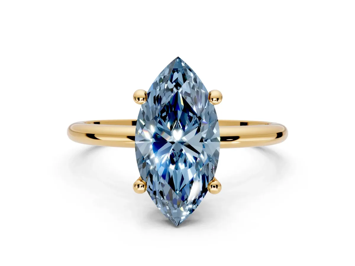 Minimalist Solitaire Engagement Ring Setting for Fancy Blue Marquise Center with Thin Band and Prong Head in Yellow Gold
