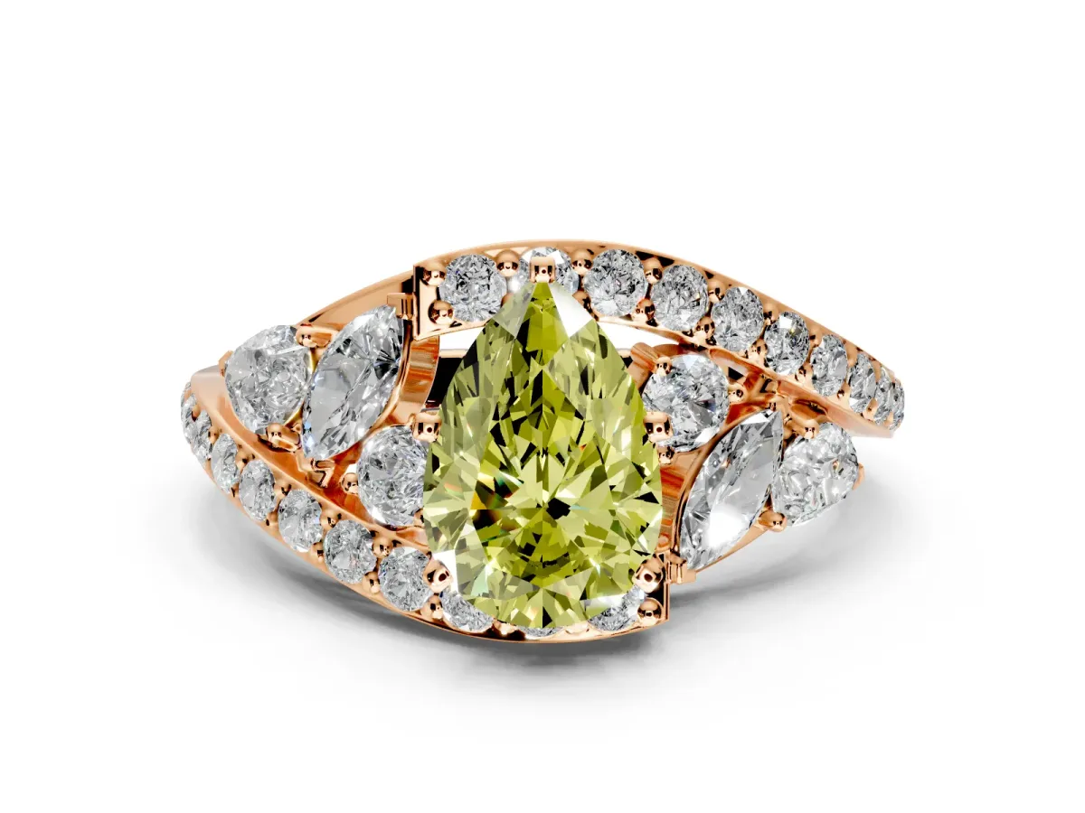 Halo Engagement Ring Setting for Fancy Yellow Pear-Shaped Center with Marquise and Pave Bypass Band and Prong Head in Rose Gold