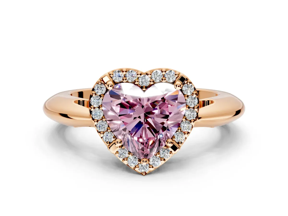 Halo Engagement Ring Setting for Fancy Pink Heart-Shaped Center with Tapered Plain Band and Prong Head in Rose Gold