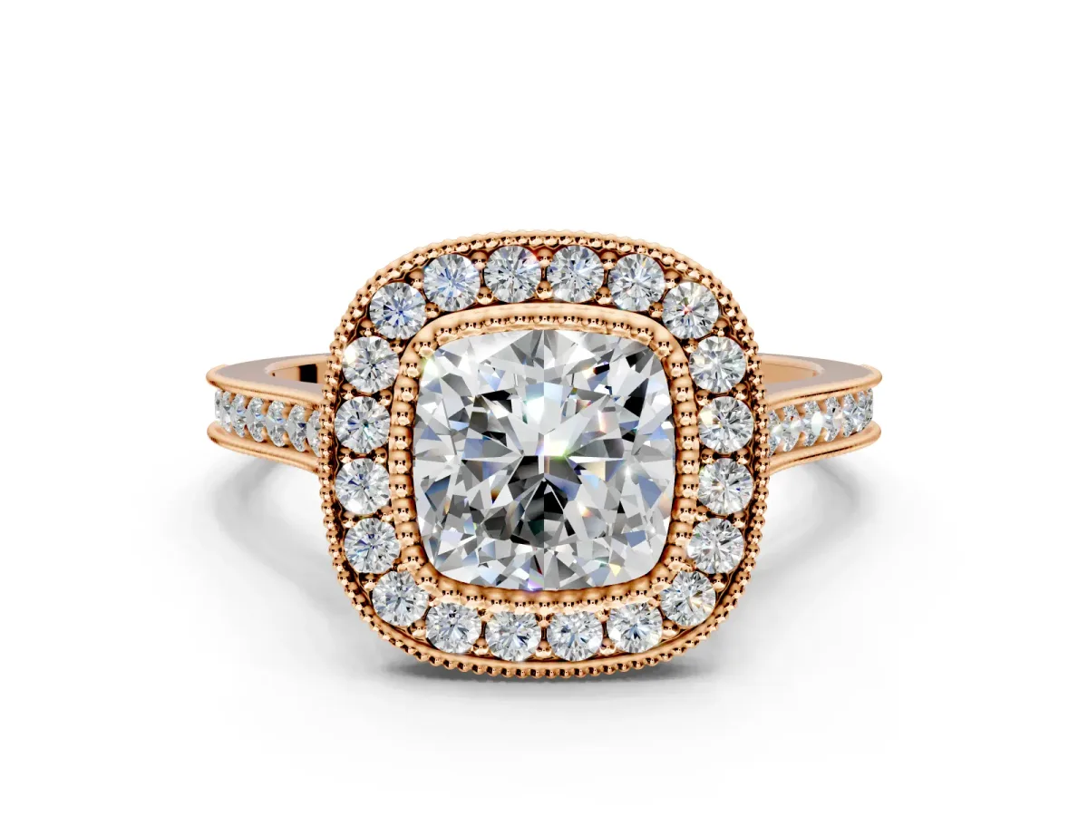 Halo Engagement Ring Setting for Cushion Cut Center with Milgrain Frame, Pave Band and Prong Head in Rose Gold