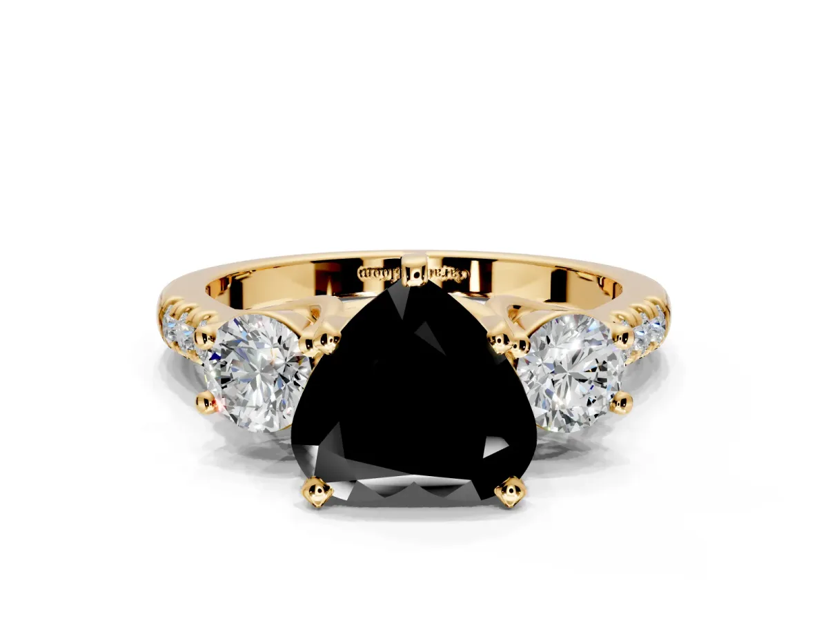 3 Stone Engagement Ring Setting for Fancy Black Heart-Shaped Center with Crossover Basket, Pave Band and Prong Head in Yellow Gold