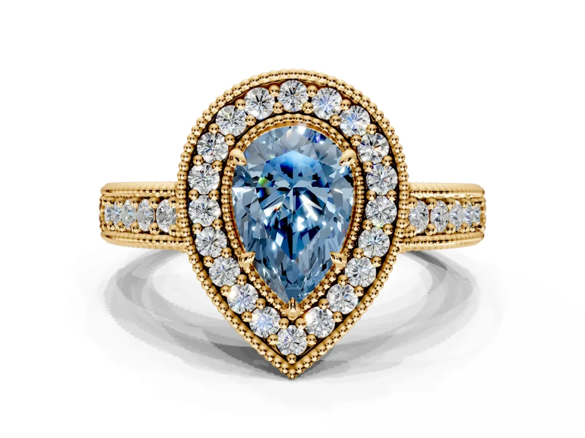 Milgrain Halo Engagement Ring Setting for Fancy Blue Pear-Shaped Center with Pave Band and Prong Head in Yellow Gold