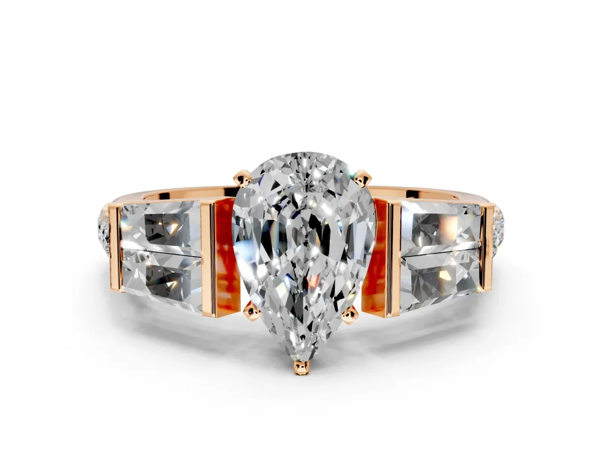 Channel-Set Engagement Ring Setting for Pear-Shaped Center with Baguette Band and Prong Head in Rose Gold