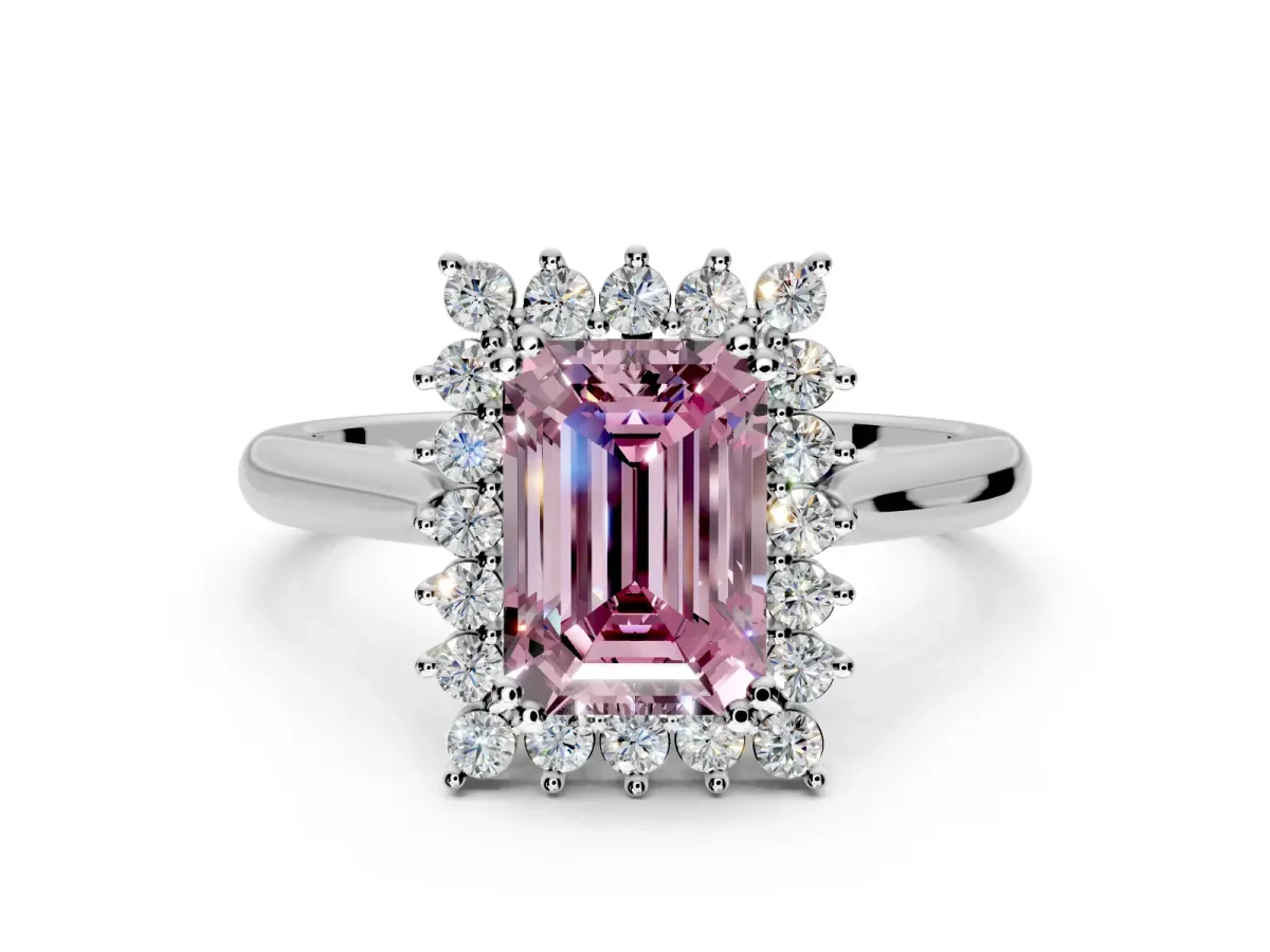 Starburst Halo Engagement Ring Setting for Fancy Pink Emerald Cut Center with Thin Round-Wire Band and Prong Head in Platinum