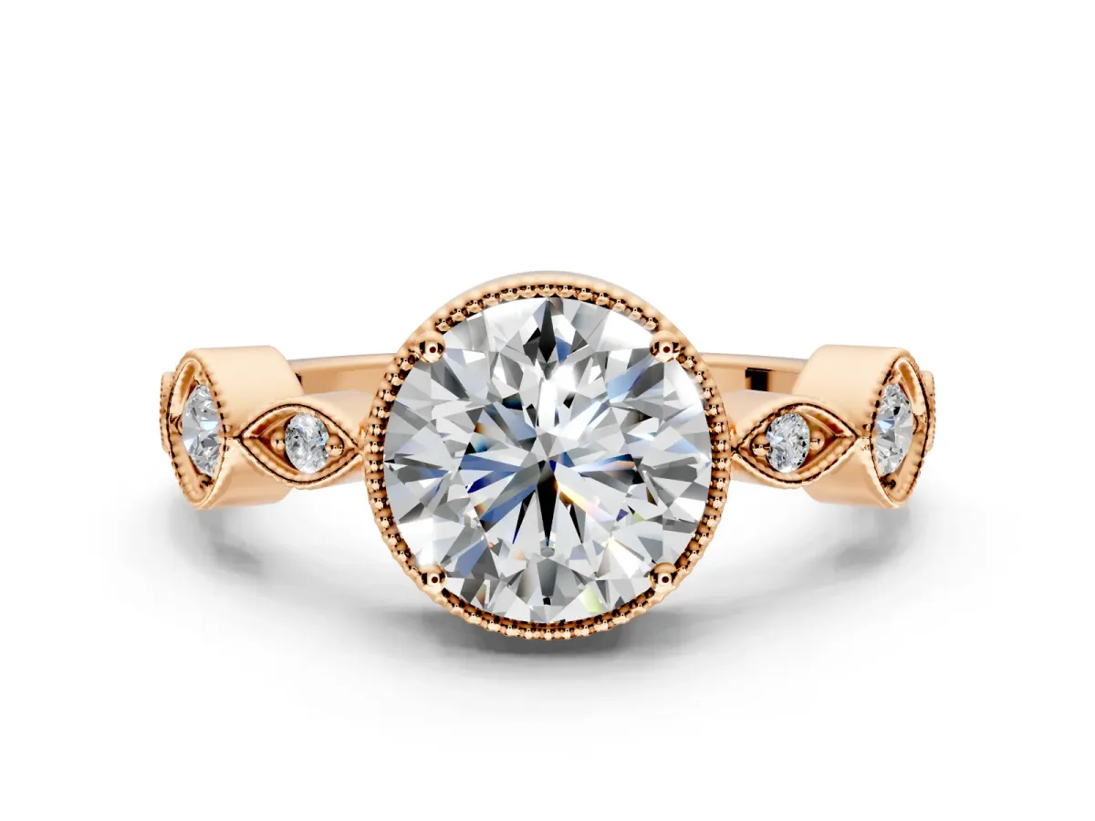 Vintage Station Engagement Ring Setting for Round Cut Center with Accents and Prong Head in Rose Gold