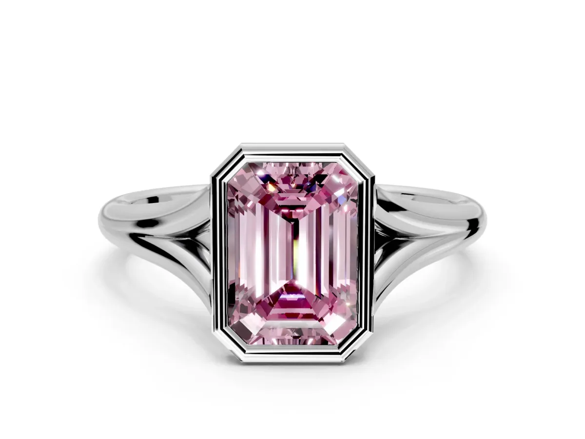 Solitaire Engagement Ring Setting for Fancy Pink Emerald Cut Center with V Split Shank and Bezel Head in Platinum