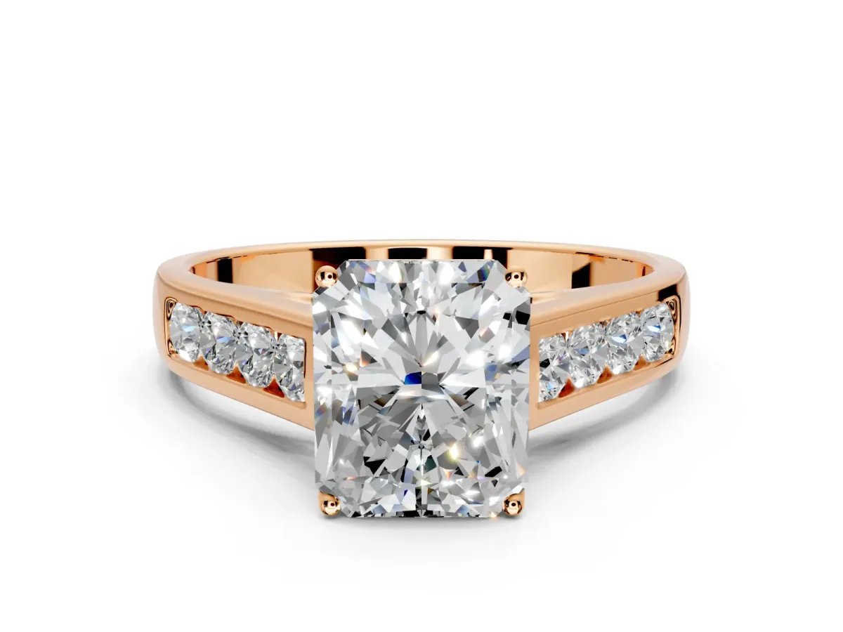 Solitaire Engagement Ring Setting for Radiant Cut Center with Round Cut Channel Band and Prong Head in Rose Gold