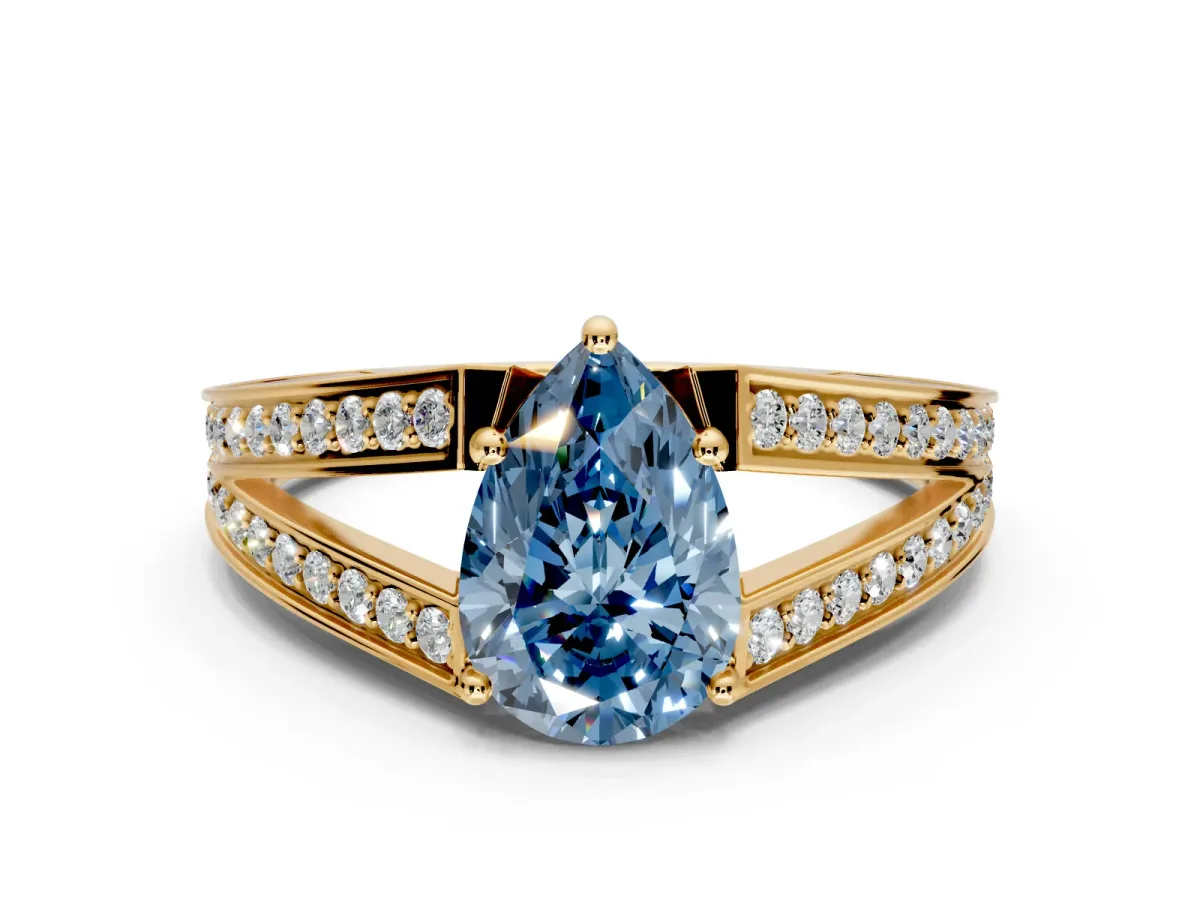 Split Shank Engagement Ring Setting for Fancy Blue Pear-Shaped Center with Pave Split Shank and Prong Head in Yellow Gold