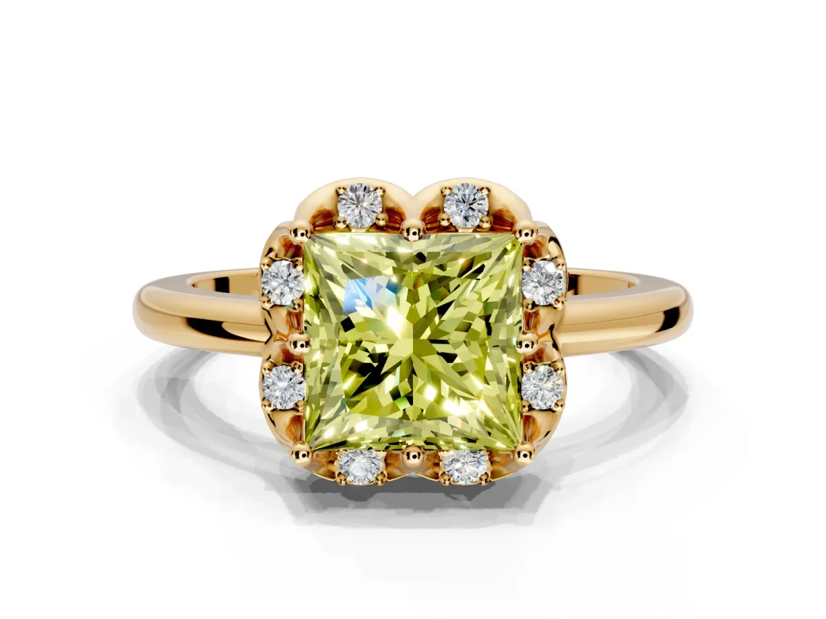 Floral Frame Engagement Ring Setting for Fancy Yellow Princess Cut Center with Accent Clusters and Prong Head in Yellow Gold