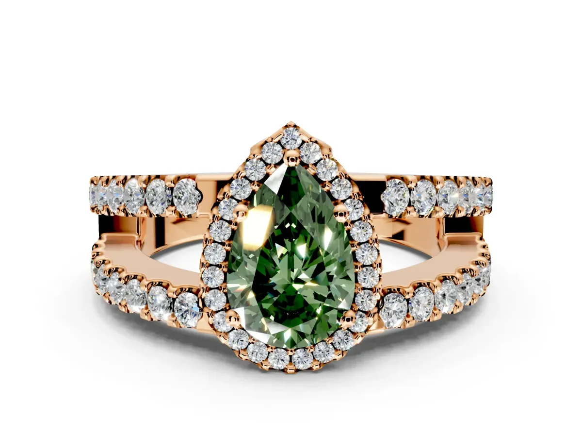 Halo Engagement Ring Setting for Fancy Green Pear-Shaped Center with Wide-Open Pave Split Shank and Prong Head in Rose Gold