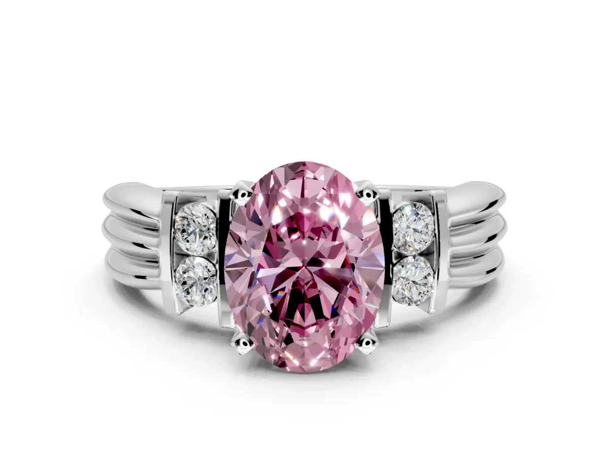 Solitaire Engagement Ring Setting for Fancy Pink Oval Center with Grooved Bar Accent Band and Prong Head in Sterling Silver