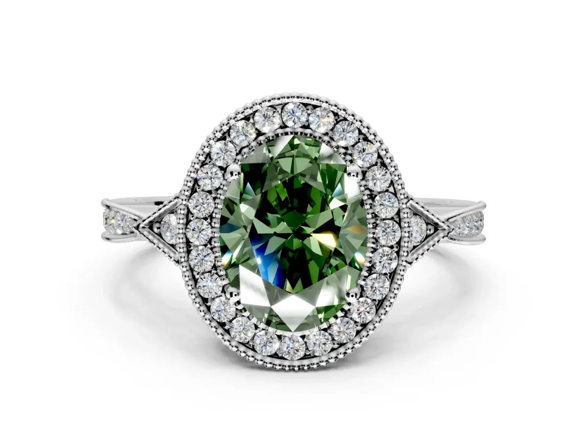 Halo Engagement Ring Setting for Fancy Green Oval Center with Milgrain Rim, Pave Band and Prong Head in Sterling Silver