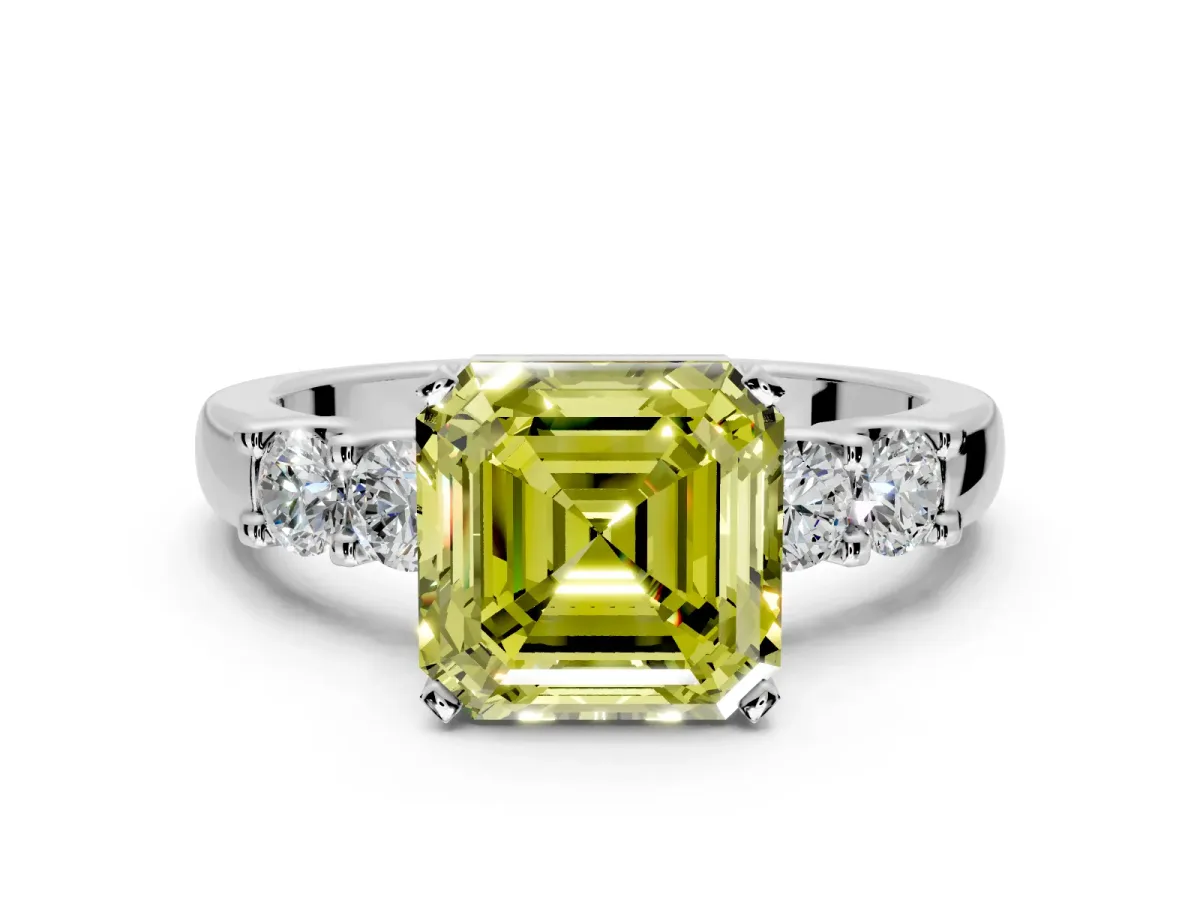 5 Stone Engagement Ring Setting for Fancy Yellow Asscher Cut Center with Plain Band and Prong Head in Sterling Silver