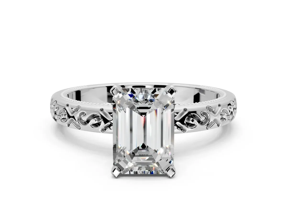 Solitaire Engagement Ring Setting for Emerald Cut Center with Scrollwork Band and Prong Head in Platinum