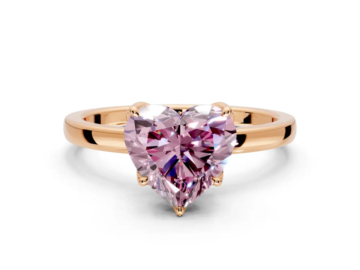 Solitaire Engagement Ring Setting for Fancy Pink Heart-Shaped Center with Thin Rounded Plain Band and Prong Head in Rose Gold