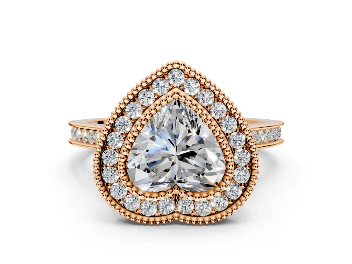 Halo Engagement Ring Setting for Heart-Shaped Center with Milgrain Frame, Pave Band and Prong Head in Rose Gold