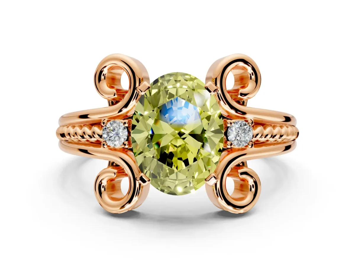 Solitaire Engagement Ring Setting for Fancy Yellow Oval Center with Twisted Band and Scroll Prong Head in Rose Gold