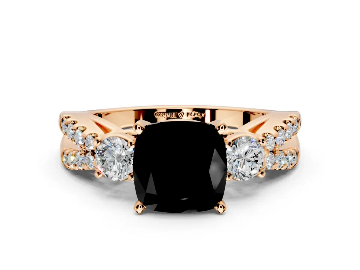 3 Stone Engagement Ring Setting for Fancy Black Cushion Cut Center with Pave Split Shank and Prong Head in Rose Gold
