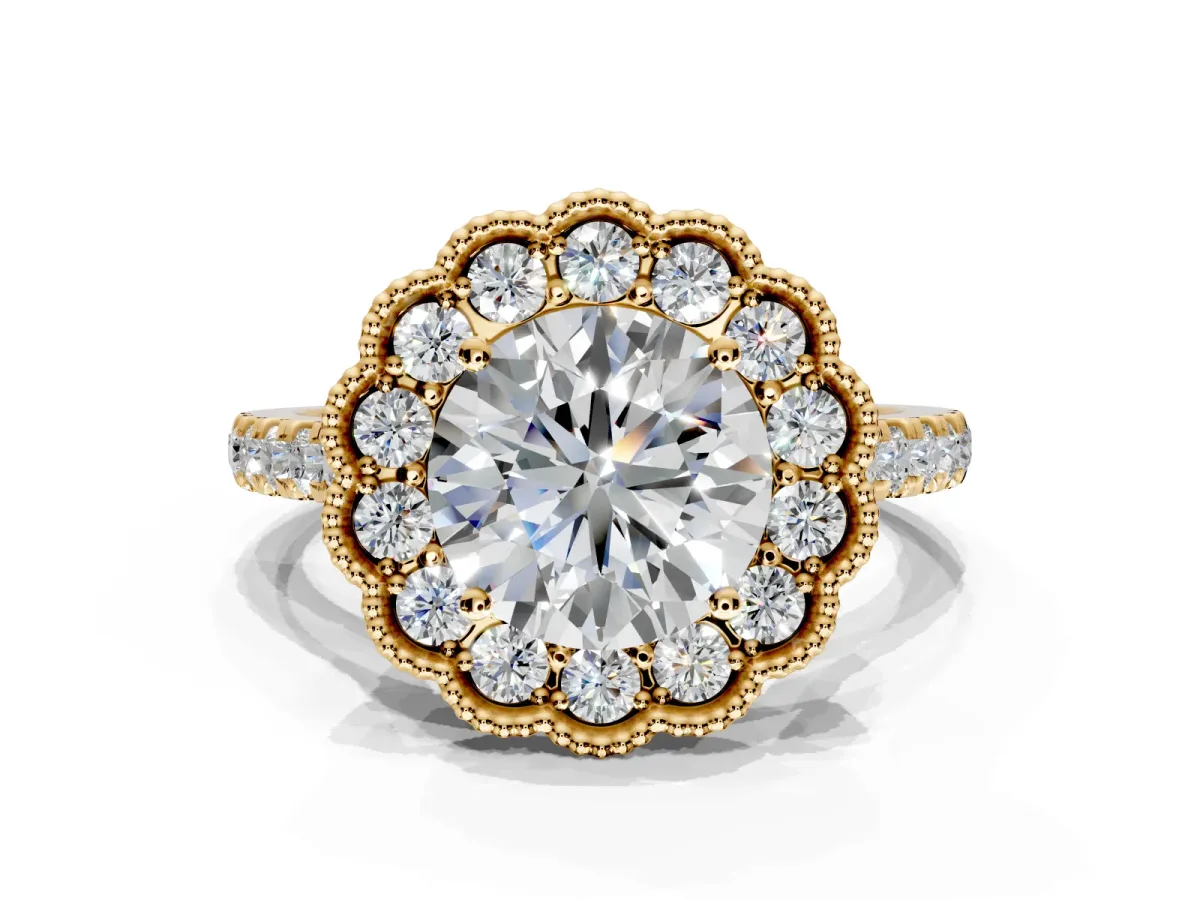 Milgrain Floral Halo Engagement Ring Setting for Round Cut Center with Pave Band and Prong Head in Yellow Gold