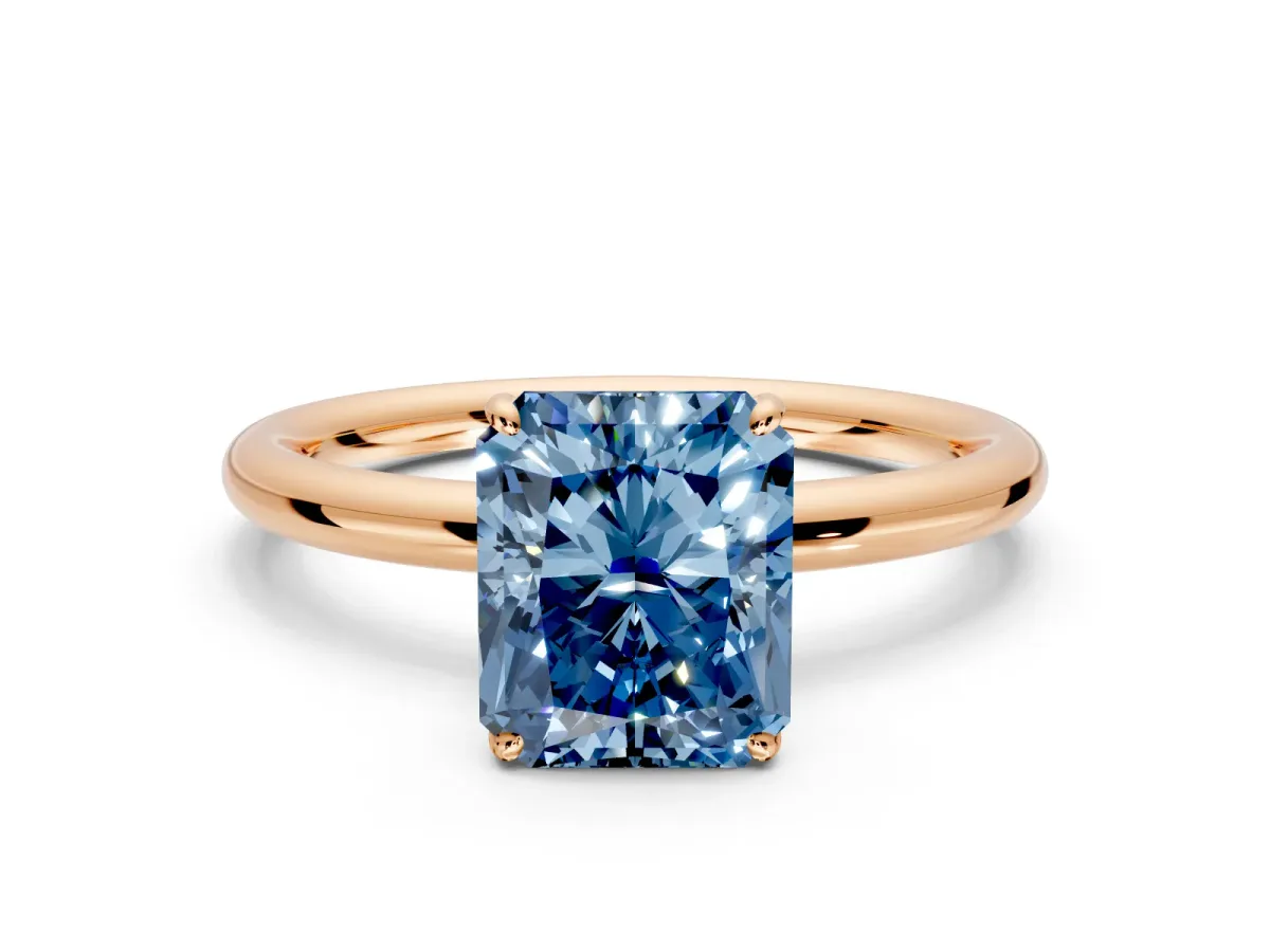 Low-Set Solitaire Engagement Ring Setting for Fancy Blue Radiant Cut Center with Thin Plain Band and Prong Head in Rose Gold