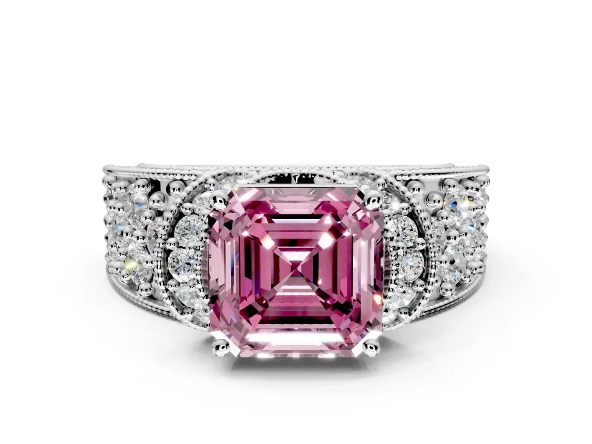 Pave Engagement Ring Setting for Fancy Pink Asscher Cut Center with Curved Accent Rows, Openwork and Prong Head in Sterling Silver