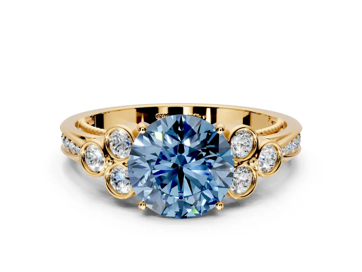 Cluster Engagement Ring Setting for Fancy Blue Round Cut Center with Bezel Accent Clusters and Prong Head in Yellow Gold
