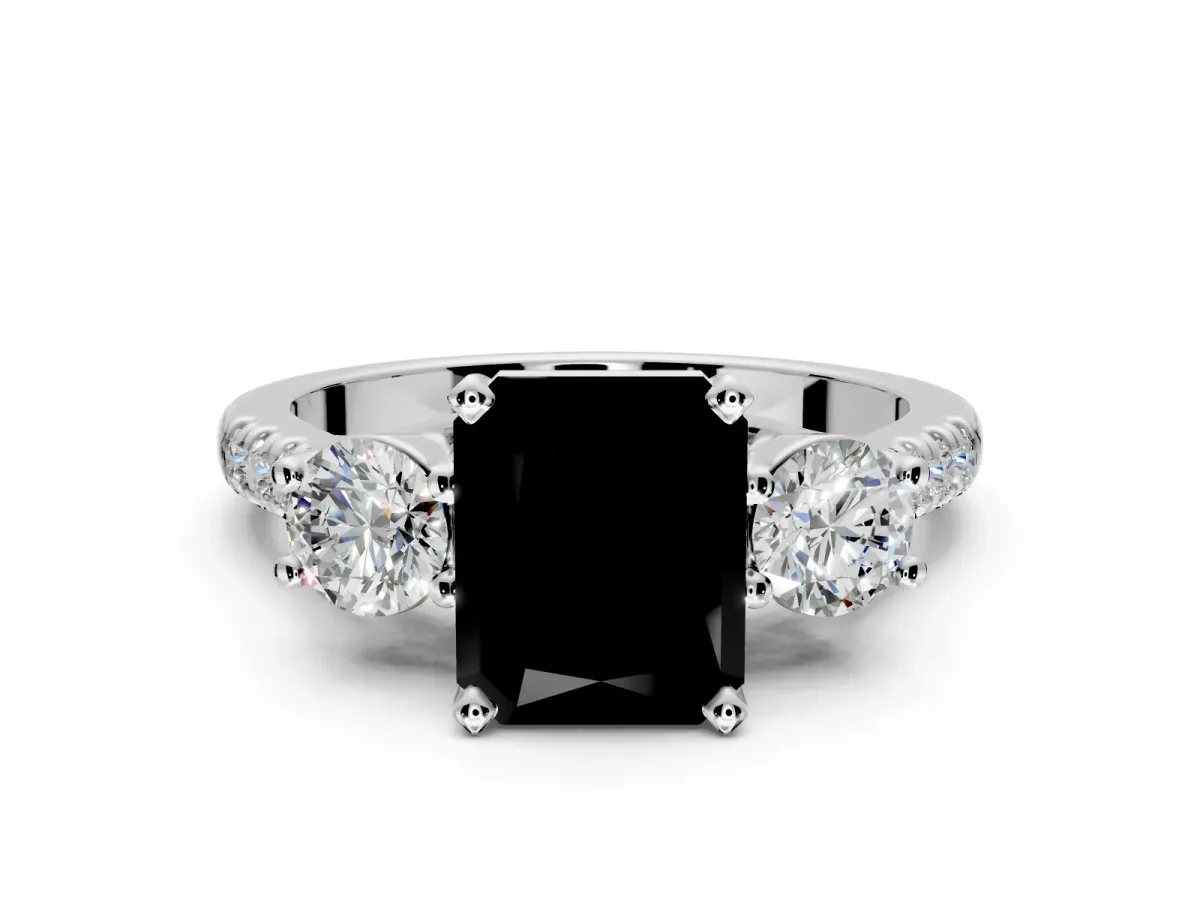 3 Stone Engagement Ring Setting for Fancy Black Radiant Cut Center with Crossover Basket, Pave Band and Prong Head in Platinum