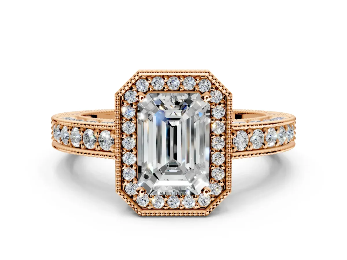 Milgrain Halo Engagement Ring Setting for Emerald Cut Center with Wide Pave Band and Prong Head in Rose Gold