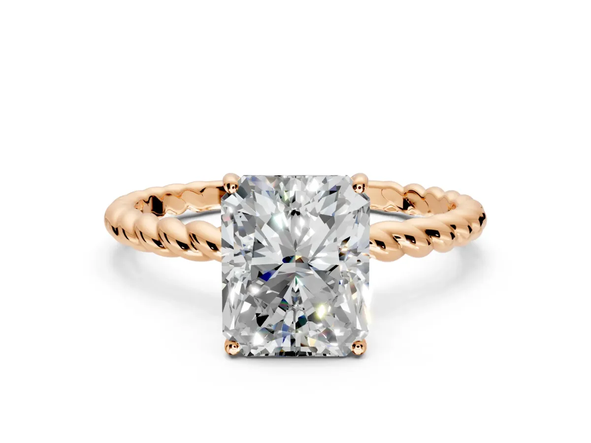 Solitaire Engagement Ring Setting for Radiant Cut Center with Plain Twisted Rope Band and Prong Head in Rose Gold