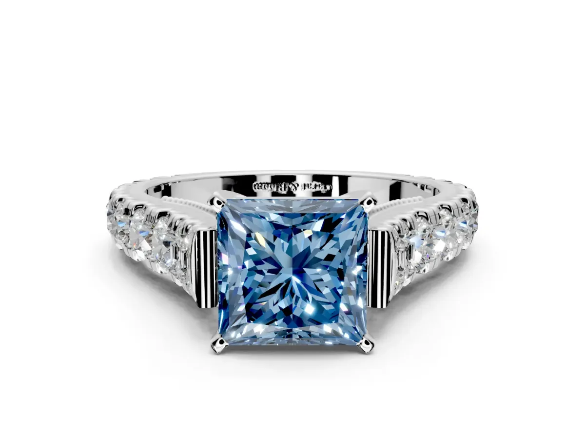 Solitaire Engagement Ring Setting for Fancy Blue Princess Cut Center with Pave Cathedral Shoulders and Prong Head in Platinum