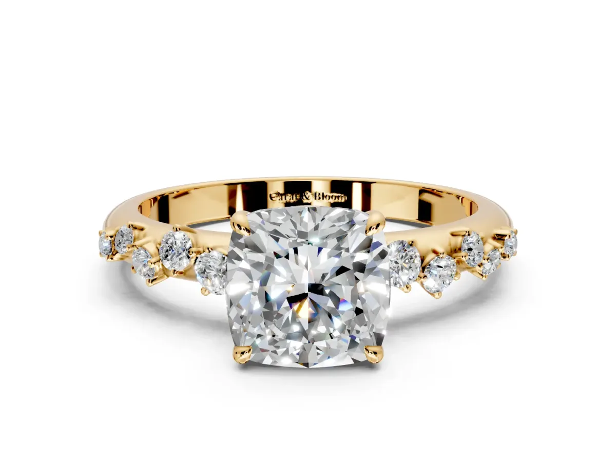 Cluster Engagement Ring Setting for Cushion Cut Center with Round Cut Accent Band and Prong Head in Yellow Gold