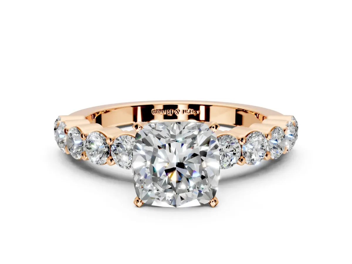 Shared-Prong Engagement Ring Setting for Cushion Cut Center with Graduated Accents and Prong Head in Rose Gold