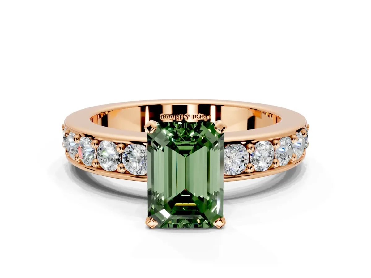 Solitaire Engagement Ring Setting for Fancy Green Emerald Cut Center with Channel-Set Accents and Prong Head in Rose Gold