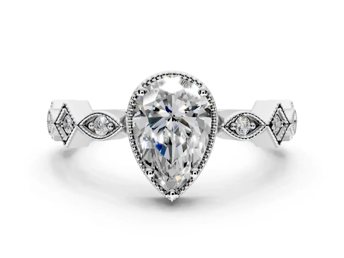Milgrain Bezel Engagement Ring Setting for Pear-Shaped Center with Marquise Stations and Bezel Head in Platinum