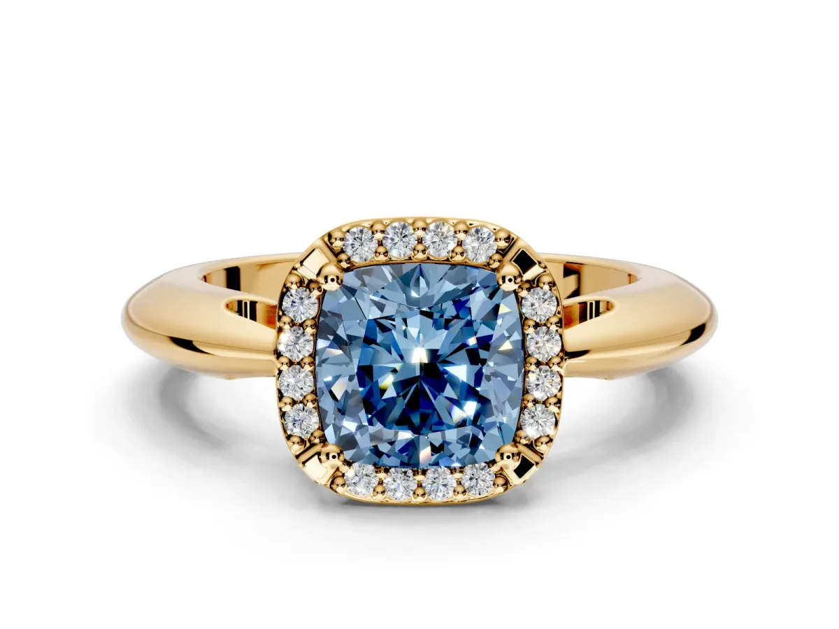 Halo Engagement Ring Setting for Fancy Blue Cushion Cut Center with Tapered Plain Band and Prong Head in Yellow Gold