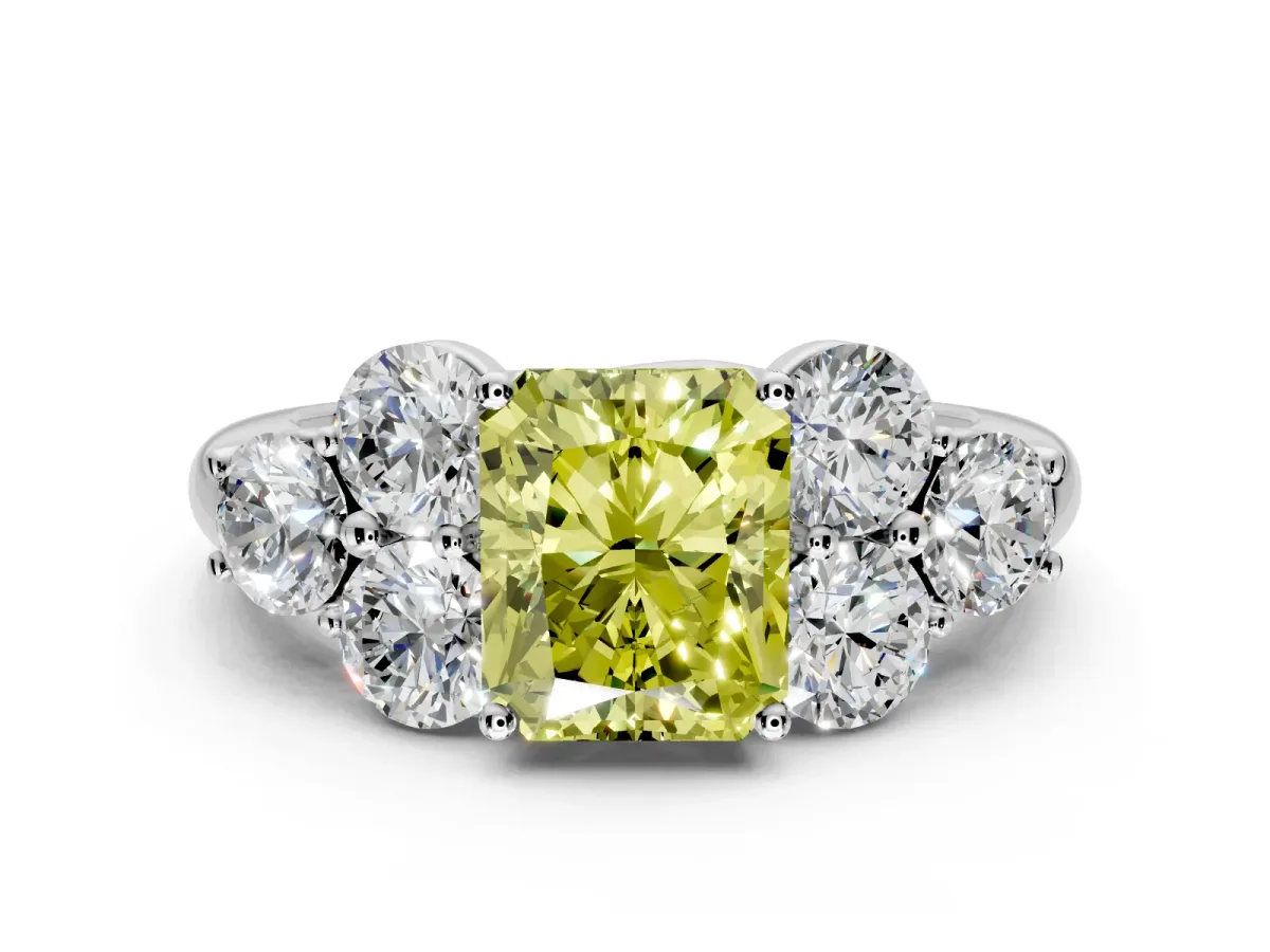 Cluster Engagement Ring Setting for Fancy Yellow Radiant Cut Center with Round Cut Accent Frame and Prong Head in Platinum