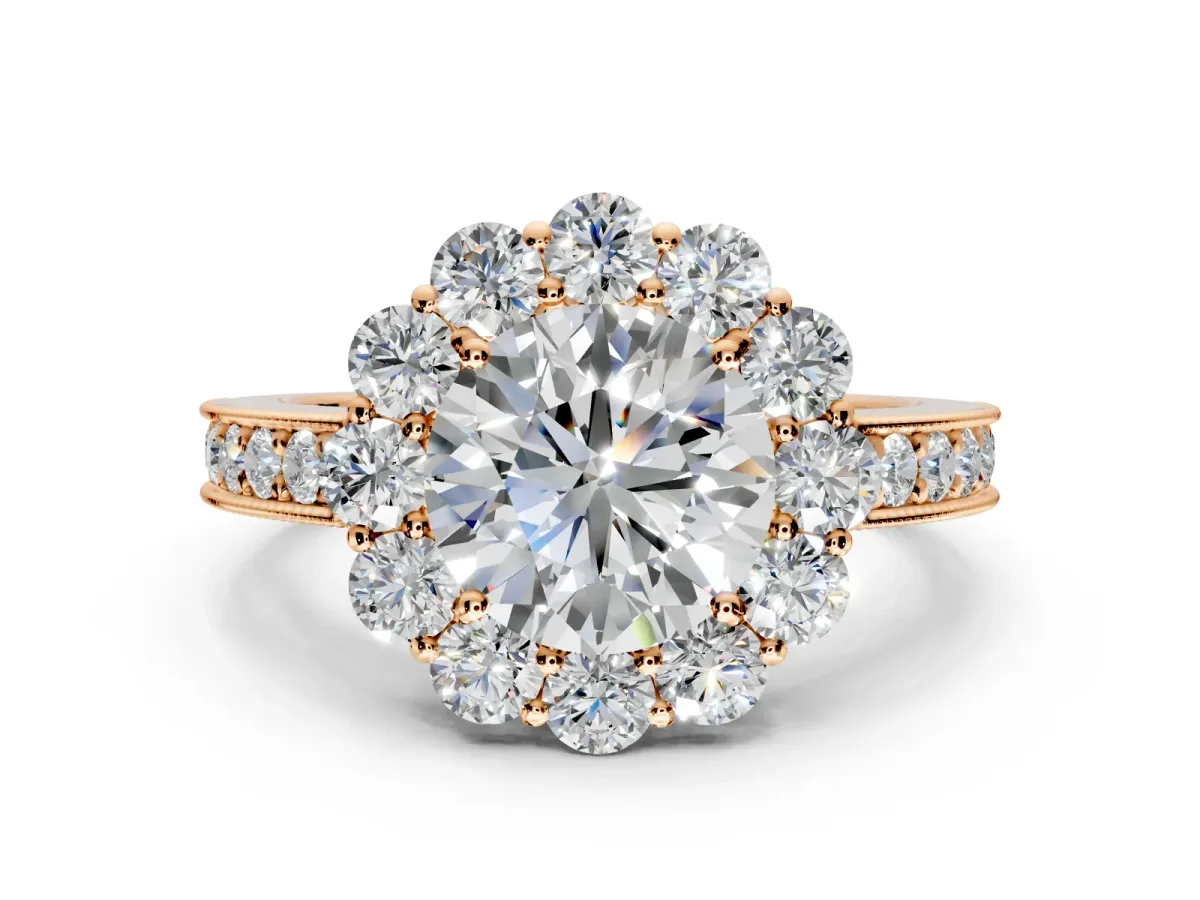 Halo Engagement Ring Setting for Round Cut Center with Milgrain Channel Band and Prong Head in Rose Gold